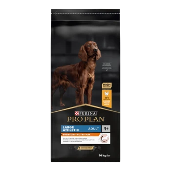 Purina Pro Plan Hundefutterbeutel mit einem großen athletischen Hund, beschriftet mit "Hoher Proteingehalt", "Großer athletischer Erwachsener" und "Tägliche Ernährung", 14 kg.