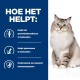 Een pluizige kat met blauwe ogen zit tegen een witte achtergrond, naast tekst die voordelen opsomt: gewrichtsgezondheid, spiermassa en immuunondersteuning.