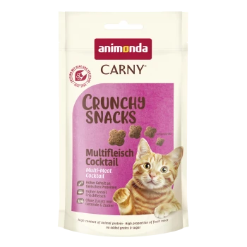 Animonda CARNY Crunchy Snacks Multi-Meat Cocktail Katzenleckerlis im Beutel mit Bild einer orange getigerten Katze und Krokettenstücken.