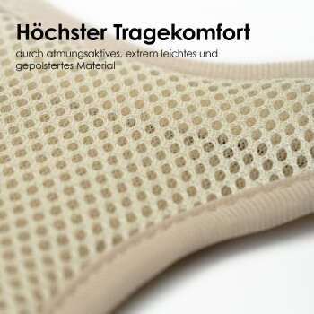 Nahaufnahme eines leichten Haustiergeschirrs mit Text: "Maximaler Komfort mit atmungsaktivem, ultraleichtem, gepolstertem Material."