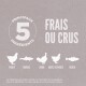 Image promouvant la nourriture pour animaux avec "5 PRINCIPAUX INGREDIENTS" et "FRAIS OU CRUS", présentant des silhouettes de poulet, dinde, et hareng.
