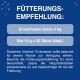 Fütterungsempfehlung für eine 4 kg schwere erwachsene Katze: bis 13 g ≈ 35 Stück täglich. Hinweis auf frisches Trinkwasser.