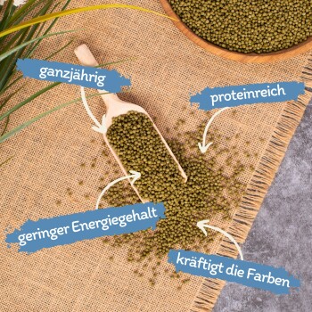 Grüne Haustierfutterpellets fallen aus einer Holzschaufel auf Jute, mit dem Text: "ganzjährig", "proteinreich", "geringer Energiegehalt", "kräftigt die Farben."