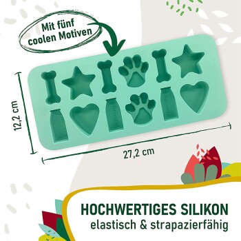 Silikon-Haustierleckerliform mit fünf lustigen Formen: Knochen, Sterne, Pfoten, Herzen und Flaschen. Abmessungen: 27,2 cm x 12,2 cm.