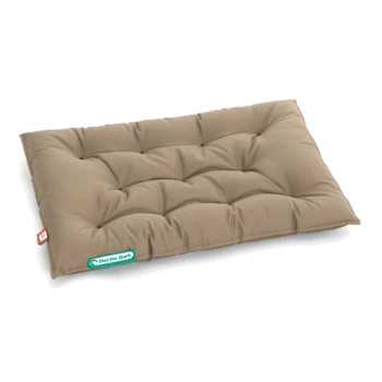 Braunes Haustierbett mit gepolstertem Design, mit einem kleinen Etikett, das "Dogster Bank" liest.