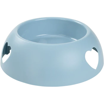 Light blue pet food bowl with heart-shaped cutouts on the sides, designed for dogs or cats.