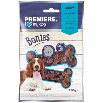 Friandises pour chiens Premiere I Love My Dog Bonies, paquet de 200g, comportant des friandises douces et moelleuses en forme d'os, avec une étiquette d'ingrédients de colin.