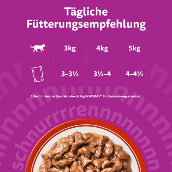 Lila WHISKAS-Fütterungstabelle „Tägliche Fütterungsempfehlung“ zeigt 3 kg / 4 kg / 5 kg mit Portionen 3–3½, 3½–4, 4–4½ und eine Schale Nassfutter