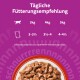 Lila WHISKAS-Fütterungstabelle „Tägliche Fütterungsempfehlung“ zeigt 3 kg / 4 kg / 5 kg mit Portionen 3–3½, 3½–4, 4–4½ und eine Schale Nassfutter