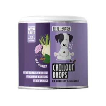 Behälter mit "Chillout Drops" für Haustiere, 350g (ca. 150 Tropfen), mit einem lila Design und einem Herzlogo sowie Pfotenabdrücken.