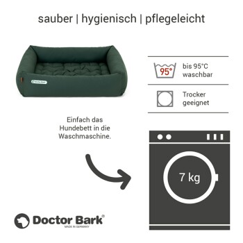 Grünes Hundebett von Doctor Bark, beschriftet als waschbar bis 95°C, trocknergeeignet, mit Anweisungen für die Maschinenwäsche.