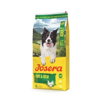 Josera Light & Vital Hundefutter für erwachsene Hunde mit einem glücklichen schwarz-weißen Hund, Hühnerbild und Text „Deutsche Qualität, alle Größen“.