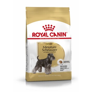 Royal Canin Adult Miniature Schnauzer Hundefutterbeutel, mit einer Skizze eines Schnauzers, mit Text, der die rassespezifische Ernährung hervorhebt.