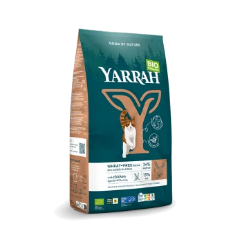Sac de nourriture pour chat biologique Yarrah avec une illustration de chat, indiquant "recette SANS BLÉ, 34 % de protéines, avec du poulet, 13 % de matières grasses."