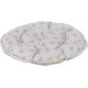 Panier rond tufté en peluche pour animal, gris clair, imprimé répété d'oursons beiges et bord froncé