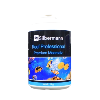 Behälter mit Silbermann Reef Professional Premium Meersalz, 1 kg, mit bunten Fischen und Korallen auf einem blauen Hintergrund.