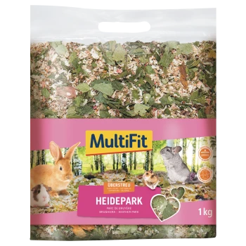 MultiFit Heidepark 1 kg Einstreu für Kleintiere, Abbildung von Kaninchen, Meerschweinchen, Hamster, Chinchilla und pflanzlicher Einstreu.