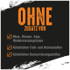 Schwarzer Hintergrund mit fettem orangefarbenem Text: "OHNE ZUSATZ VON" listet Ausschlüsse auf: Mais, Weizen, Soja, Milchprodukte, künstliche Farben, Aromen, Konservierungsstoffe.