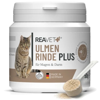 Behälter mit REAVET Ulmen Rinde Plus für Katzen, 50g, gekennzeichnet für Magen- und Darmgesundheit, mit einem Bild einer getigerten Katze und dem 'Made in Germany'-Logo.