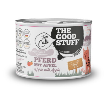 Dose 'THE GOOD STUFF' Katzenfutter mit 'For Cats' und 'PFERD MIT APFEL / Horse with Apple', mit orangefarbener Katzenillustration
