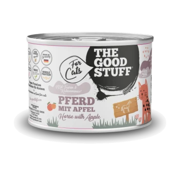 Dose 'THE GOOD STUFF' Katzenfutter mit 'For Cats' und 'PFERD MIT APFEL / Horse with Apple', mit orangefarbener Katzenillustration