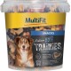 Ein klarer Kunststoffbehälter mit MultiFit Medium Soft Trainies Hundesnacks, mit einem lächelnden Hund auf dem Etikett, mit bunten Leckereien, die innen sichtbar sind.
