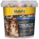 Ein klarer Kunststoffbehälter mit MultiFit Medium Soft Trainies Hundesnacks, mit einem lächelnden Hund auf dem Etikett, mit bunten Leckereien, die innen sichtbar sind.