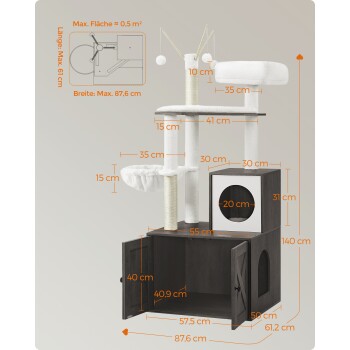 Katzenbaum mit mehreren Ebenen, Kratzpfosten und einem gemütlichen Versteck, mit Abmessungen und einem Design, das für kleine Räume geeignet ist.