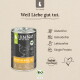 Dose Liebesgut Bio-Welpenfutter (Huhn) mit Slogan 'Weil Liebe gut tut.' und Symbolen: glutenfrei, getreidefrei, laktosefrei, Single-Protein.