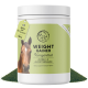 Behälter mit "Weight Gainer" Pferdeergänzung, 700g, mit dem Gesicht eines Pferdes auf dem Etikett; grüner Hintergrund, Text auf Deutsch.