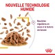Image de nourriture pour animaux avec des morceaux de viande dans une sauce, comportant le texte : "Nouvelle Technologie Humide" et "Bouchées régulières en sauce."