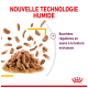 Image de nourriture pour animaux avec des morceaux de viande dans une sauce, comportant le texte : "Nouvelle Technologie Humide" et "Bouchées régulières en sauce."
