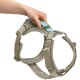 Hand hält beigefarbenes, gepolstertes Hundegeschirr mit aquafarbenem Griff, Metall-D-Ring, Kunststoffschnallen und kleinem grün-gelbem Etikett