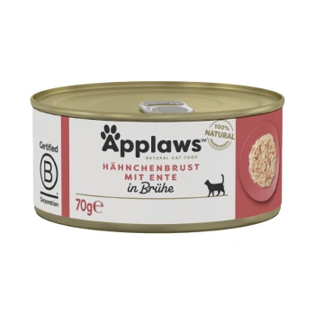Applaws natürliche Katzenfutterdose mit zerrissenem Hähnchen und Ente in Brühe, gekennzeichnet als 100% natürliche Zutaten, 70g.