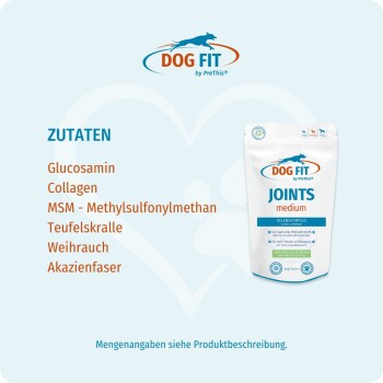 Dog FIT JOINTS Medium-Beutel mit deutscher Überschrift 'ZUTATEN', aufgeführt: Glucosamin, Kollagen, MSM, Teufelskralle.