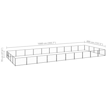 Ein schwarzes Metall-Haustiergehege mit den Abmessungen: 1000 cm (393,7") lang, 400 cm (157,5") breit und 70 cm (27,6") hoch.