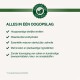 Afbeelding van een huisdierenvoedselproduct dat natuurlijke ingrediënten toont en een Nederlandse checklist van voordelen: hoogwaardige eiwitten, geen toegevoegde suikers of toevoegingen.