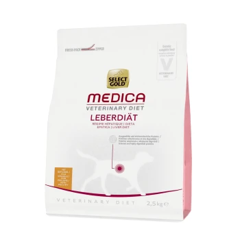 Medica Régime hépatique Volaille 2,5 kg Sac de nourriture pour chiens Select Gold Medica Veterinary Diet Leberdiät, 2,5 kg, avec un fond blanc et des accents roses et une silhouette de chien.
