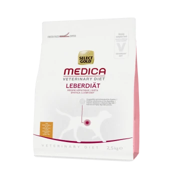 Select Gold Medica Veterinary Diet Leberdiät Hundefutterbeutel, 2,5 kg, mit einem weißen Hintergrund und rosa Akzenten sowie einer Hundesilhouette.