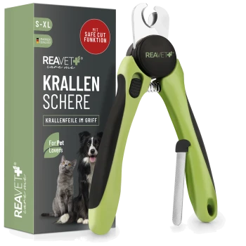 Tiernagelknipser mit einem grünen und schwarzen ergonomischen Griff, verpackt in einer Box, die "REAVET care me KRALLEN SCHEERE" und "Für Tierliebhaber" beschriftet ist.