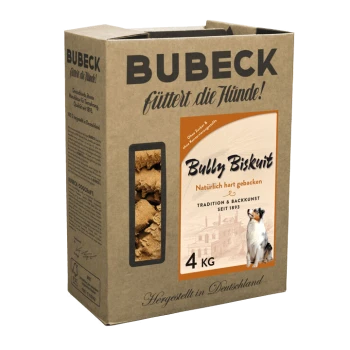 Przysmaki dla psów Bubeck Bully Biskuit w kartonowym pudełku 4 kg, z oknem pokazującym ciastka, z tekstem w języku niemieckim.