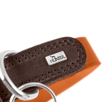 Nahaufnahme eines braunen Wildleder-Hundehalsbands mit Metallanhänger 'HUNTER', silbernen D-Ringen und orangefarbenem Riemen.