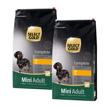 Deux sacs de nourriture pour chiens Select Gold Mini Adult, avec un fond noir, une image de teckel et une étiquette jaune indiquant la saveur de poulet.