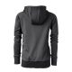 Ein schwarzer Kapuzenpullover mit Kapuze und langen Ärmeln, mit seitlichen Reißverschlüssen und einer taillierten Taille, von hinten gezeigt.