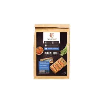 Braune Papiertüte mit Hundefutter, beschriftet mit "WILDFANG Lachs mit Forelle", mit Bildern von Futter und Nährwertangaben.