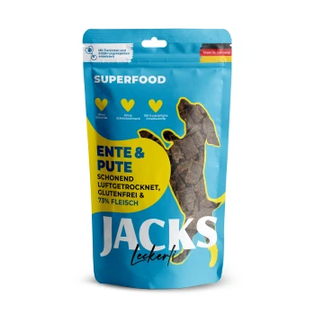 Splitter Soft Ente & Pute 90 g Hundeleckerli-Verpackung mit "JACKS Leckerli" auf blauem Hintergrund, das "ENTE & PUTE" und "73% Fleisch" hervorhebt, glutenfrei und luftgetrocknet.