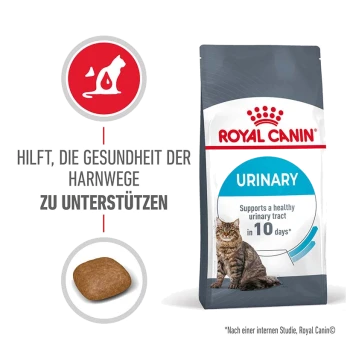 Royal Canin Urinary Katzenfutterbeutel mit einer Katze und einem Krokettenstück, mit dem Text, der besagt, dass es die Harnwegsgesundheit in 10 Tagen unterstützt.