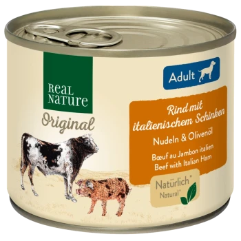 Dosenfutter für Hunde mit der Aufschrift "Real Nature Original", das Rindfleisch mit italienischem Schinken, Nudeln und Olivenöl enthält; mit Illustrationen von Kühen.