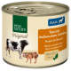 Dosenfutter für Hunde mit der Aufschrift "Real Nature Original", das Rindfleisch mit italienischem Schinken, Nudeln und Olivenöl enthält; mit Illustrationen von Kühen.