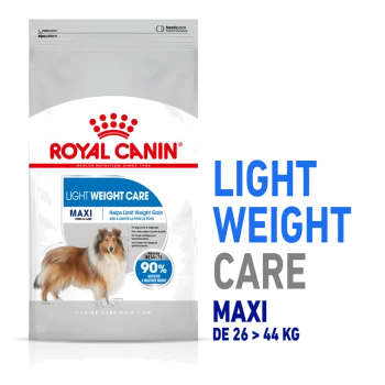 Sac de nourriture pour chiens Royal Canin Light Weight Care, mettant en vedette un Colley, étiqueté "MAXI" pour les chiens de 26 à 44 kg, avec un texte sur la gestion du poids.